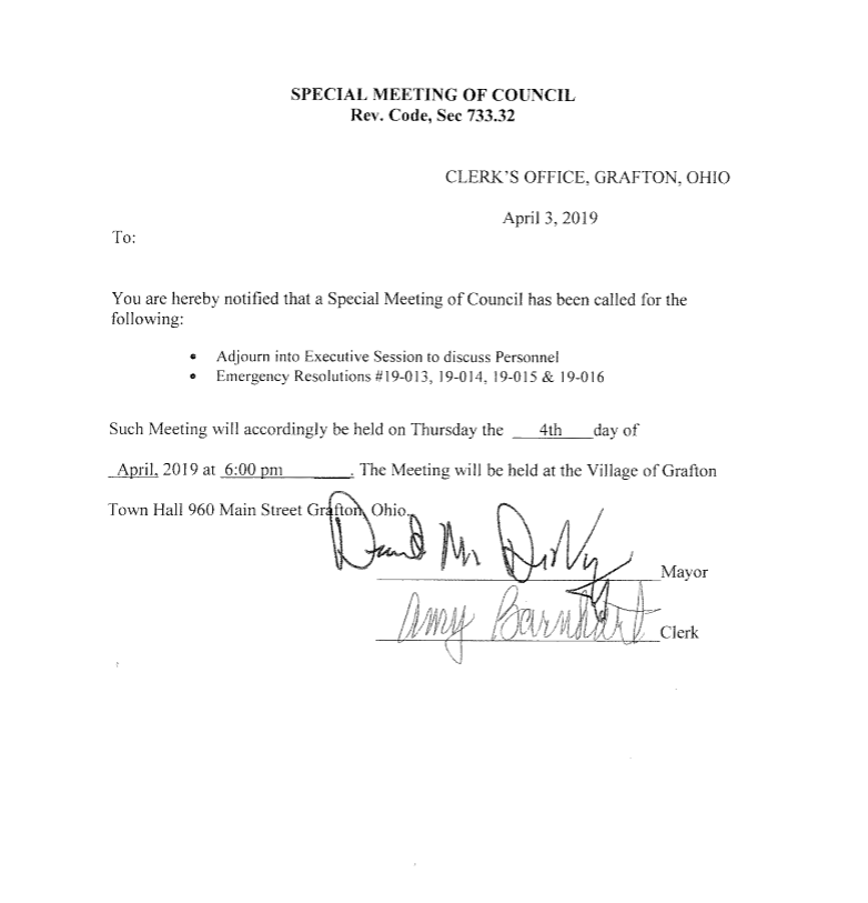 Special Council Meeting Notification April 4 2019 Village Of Grafton Special Council Meeting Notification April 4 2019 Village Of Grafton